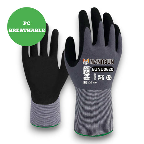 Manosun EUNU0620 Sandy Nitrile Palm Coated Grey/Black Grip Glove