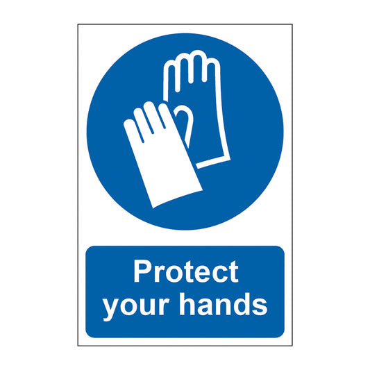 Spectrum Industrial Protect Your Hands sign, Self Adhesive Rigid PP 200 x 300mm (0023)