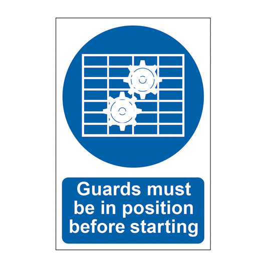 Spectrum Industrial Guards Must Be in Position Before Starting sign, Self Adhesive Rigid PP 200 x 300mm (0102)