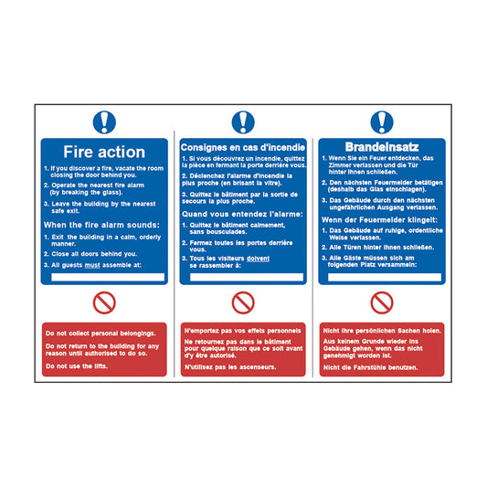 Spectrum Industrial Fire Action Notice (English / French / German) sign, Self Adhesive Rigid PP 300 x 200mm (0171)