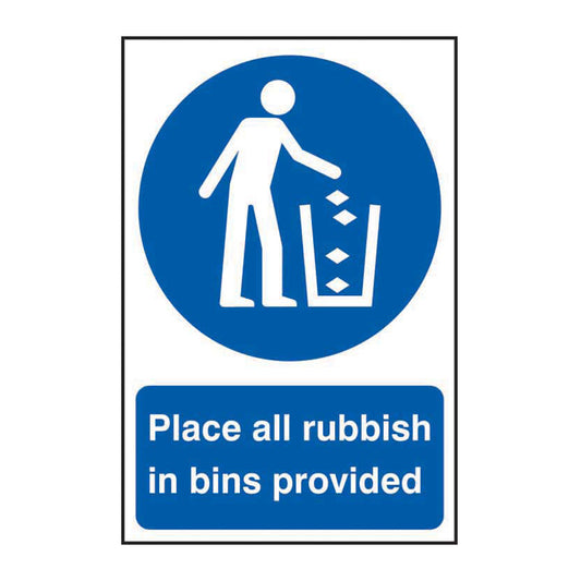 Spectrum Industrial Place All Rubbish in Bins Provided sign, Self Adhesive Rigid PP 200 x 300mm (0401)