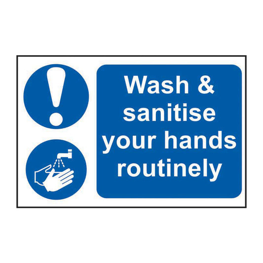 Spectrum Industrial Wash & Sanitise Your Hands Routinely sign, Self Adhesive Rigid PP 300 x 200mm (0408)