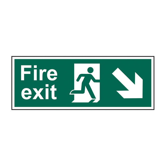 Spectrum Industrial Fire Exit (Man Arrow Diagonal Down Right) sign, Self Adhesive Rigid PP 450 x 150mm (16315)