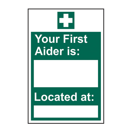 Spectrum Industrial Your First Aider Is sign, Self Adhesive Vinyl 200 x 300mm (12390)