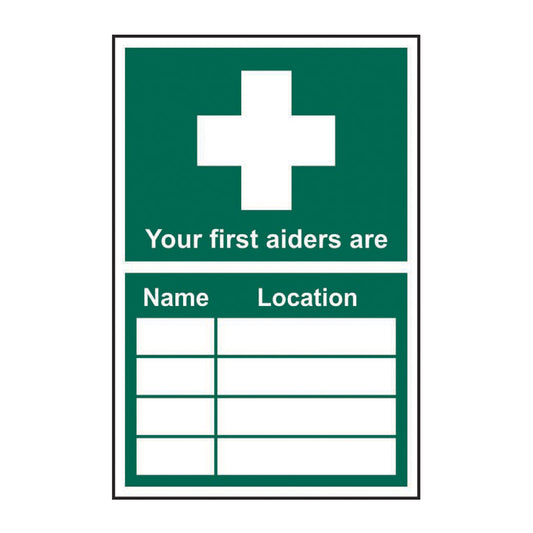 Spectrum Industrial Your First Aiders Are... sign, Self Adhesive Vinyl 200 x 300mm (14293)