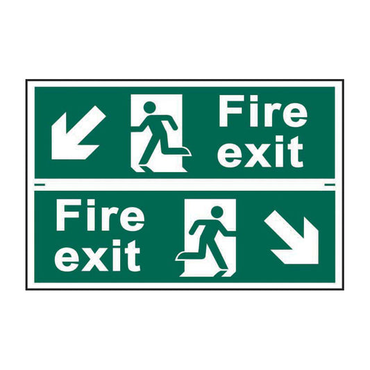 Spectrum Industrial Fire Exit Man Running Arrow Diagonally Down Left/right sign, Self Adhesive Rigid PP 300 x 200mm (1511)