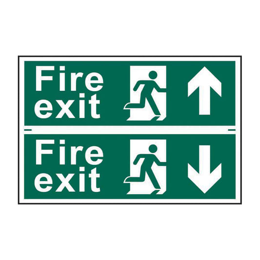 Spectrum Industrial Fire Exit Man Running Arrow Up/down sign, Self Adhesive Rigid PP 300 x 200mm (1512)