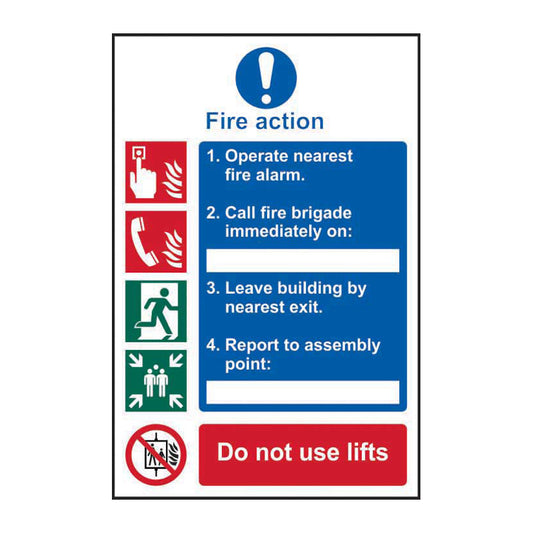 Spectrum Industrial Fire Action sign, 1.2mm Rigid PP 148 x 210mm (17400)