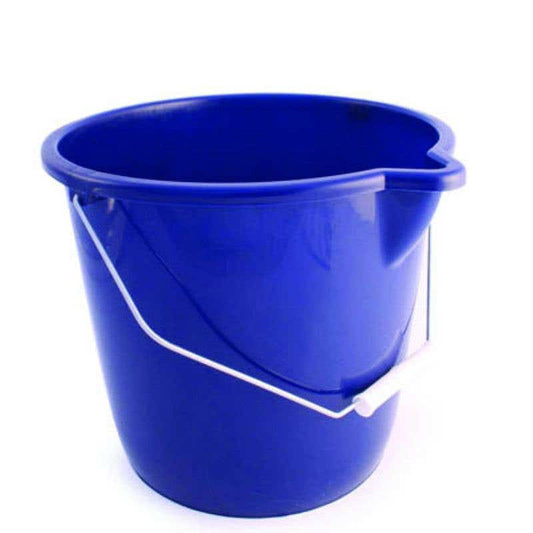 Blue plastic 10 litre bucket with wire handle and pouring lip