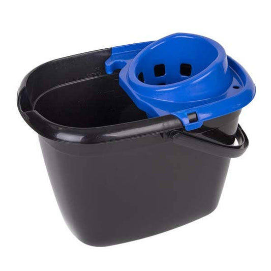 Black 14 litre mop bucket with blue wringer