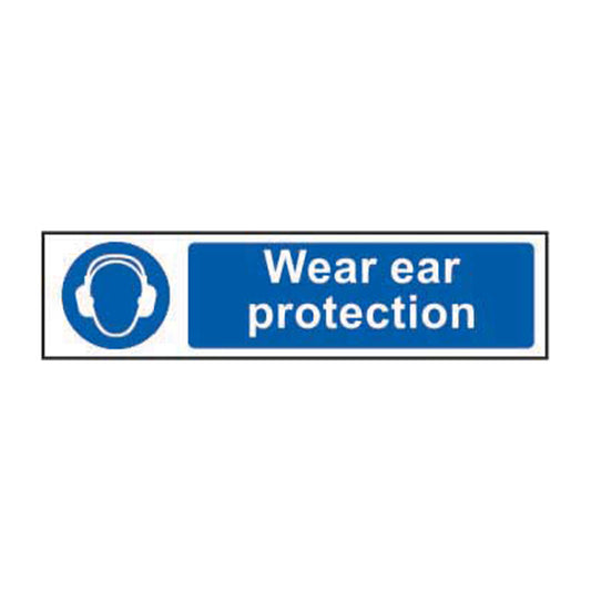 Spectrum Industrial Wear Ear Protection sign, Self Adhesive Rigid PP 200 x 50mm (5016)