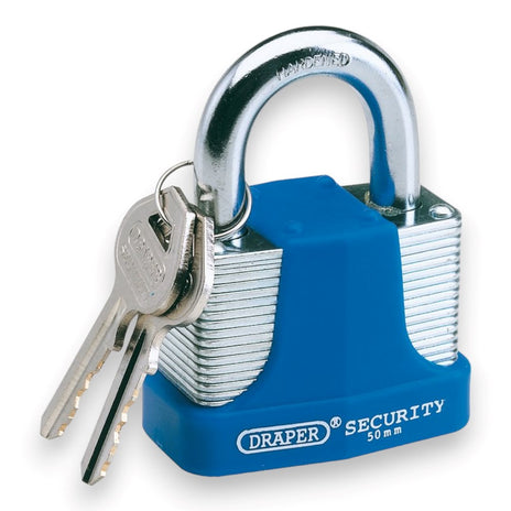 Draper Laminated Steel Padlock and 2 Keys with Hardened Steel Shackle and Bumber 50mm