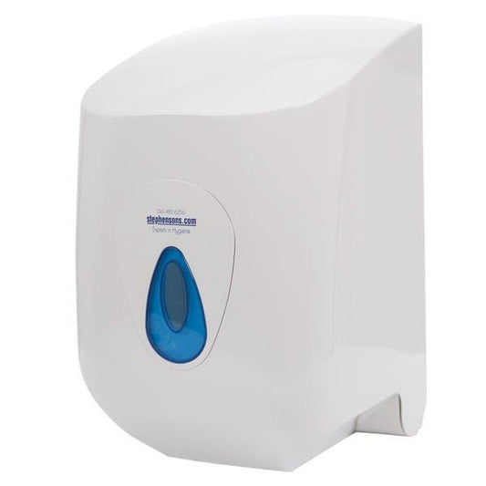White plastic wall-mounted centrefeed roll dispenser