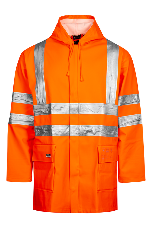 Lyngsoe ARC-LR4055 Multinorm Arc Flash Hi-Vis PVC Rain Jacket APC 1 ATPV 8.6 cal in Hi-Vis Orange front