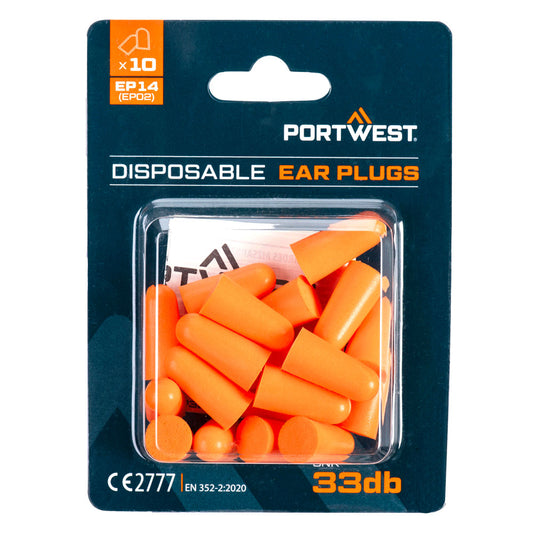 Portwest EP14 orange PU foam ear plugs, blister pack of 10 pairs