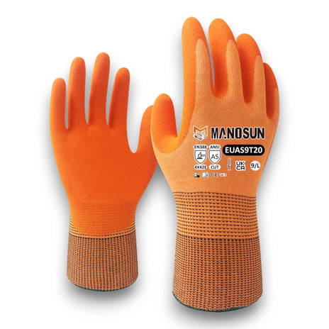 Manosun EUAS9T20 Ultra-Thin Nitrile Palm Coated Cut E Orange Glove