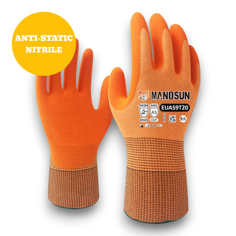 Manosun EUAS9T20 Ultra-Thin Nitrile Palm Coated Cut E Orange Glove