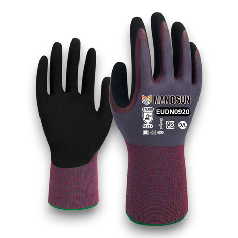 Manosun EUDN0920 Oil Resistant Nitrile Palm Coated Purple/Black Glove