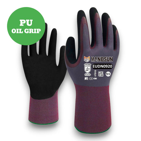 Manosun EUDN0920 Oil Resistant Nitrile Palm Coated Purple/Black Glove