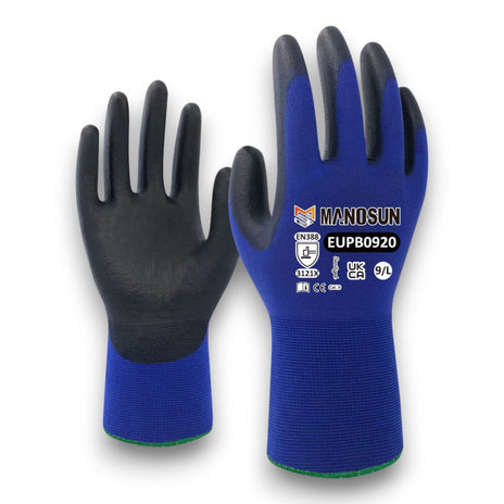 Manosun EUPB0920 Ultra-Lightweight PU Palm Coated Blue/Black Grip Glove