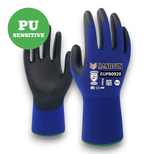 Manosun EUPB0920 Ultra-Lightweight PU Palm Coated Blue/Black Grip Glove