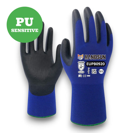 Manosun EUPB0920 Ultra-Lightweight PU Palm Coated Blue/Black Grip Glove