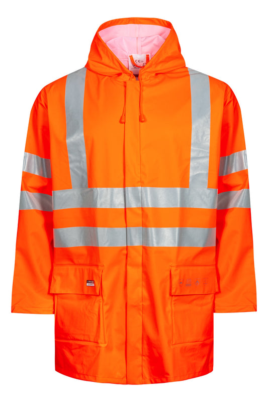 Lyngsoe FR-LR55 Flame Retardant Hi-Vis PU Rain Jacket EN ISO 20471 Class 3 in Hi-Vis Orange front