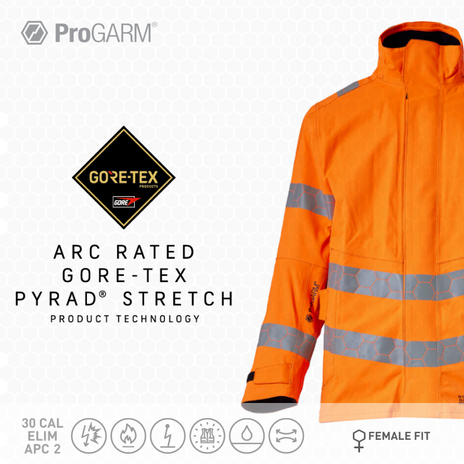 ProGARM WJ240F Ladies GORE-TEX PYRAD Hi-Vis Orange Stretch Waterproof Arc Jacket 30 cal/cm² APC 2