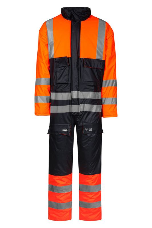 Lyngsoe LR33 Hi-Vis PU Quilted Winter Coverall EN ISO 20471 Class 3 in Hi-Vis Orange / Navy front