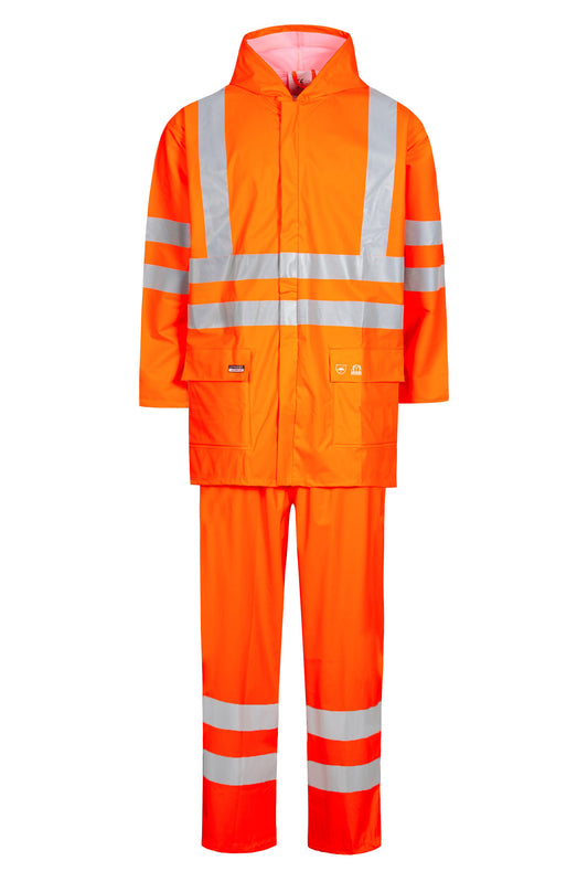 Lyngsoe LR552 Hi-Vis PU Rain Suit Jacket and Trousers EN ISO 20471 Class 3 in Hi-Vis Orange front