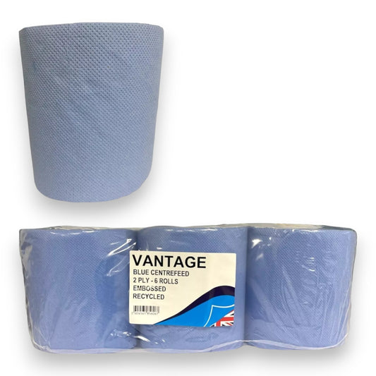 Centrefeed Rolls 2Ply Blue Case of 6 - Embossed Recycled Paper 175mm x 50 Metre