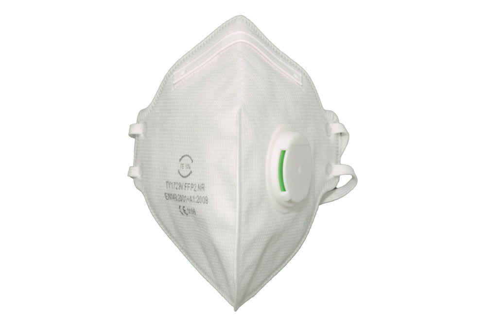 TY1729V FFP2 valved fold flat dust mask, front view with exhalation valve