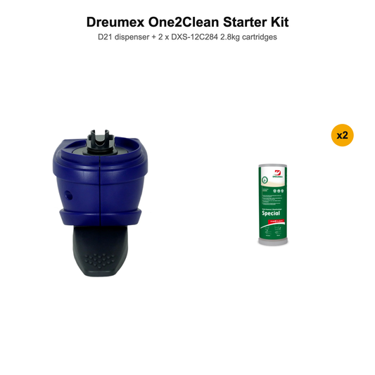 Dreumex One2Clean Starter Kit: D21 dispenser with two Dreumex Special DXS-12C284 2.8kg heavy duty hand cleaner cartridges