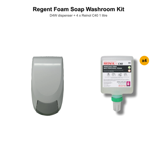 Regent Foam Soap Washroom Kit: D4W white foam dispenser with four Reinol C40 1 litre antibacterial foam soap cartridges