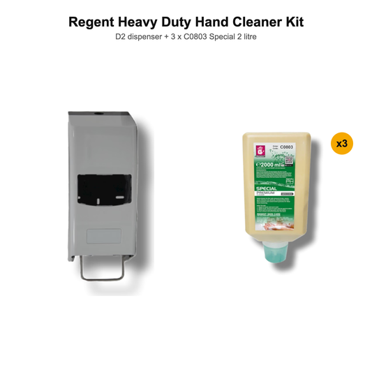 Regent Heavy Duty Hand Cleaner Kit: D2 wall dispenser with three Regent C0803 Special 2 litre heavy duty hand cleansers