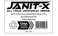 Janit-X Eco 2 Ply Blue Recycled Centrefeed Rolls 150m, Pack of 6