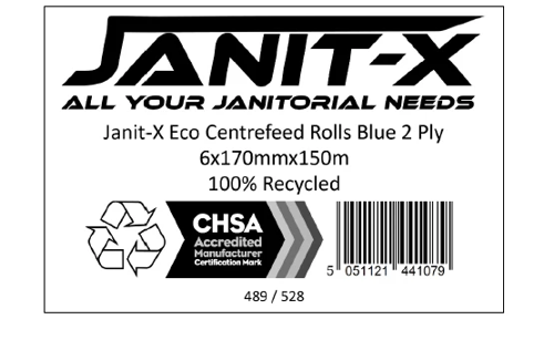 Janit-X Eco 2 Ply Blue Recycled Centrefeed Rolls 150m, Pack of 6