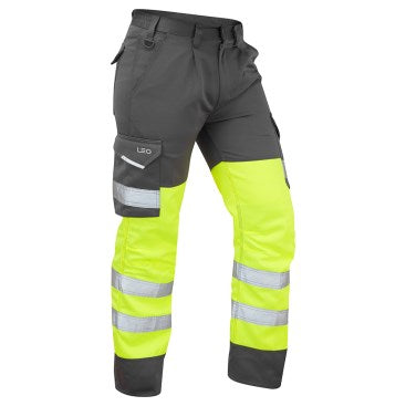 Leo Bideford CT01 EcoViz Poly/Cotton Cargo Trouser Hi-Vis Yellow/Grey - ISO 20471 Class 1