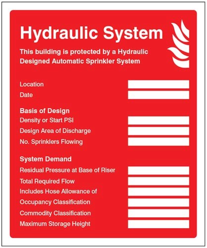 Hydraulic Sprinkler System Id Plate Sign