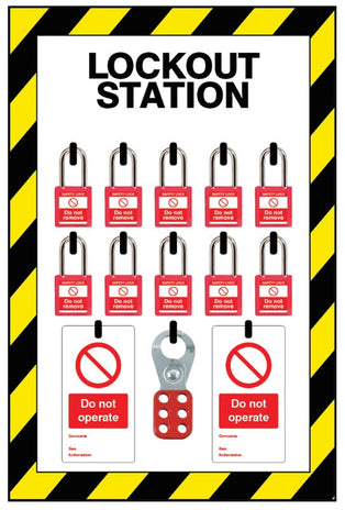Lockout Station, 10 Lock Capacity, Includes Contents (10xpadlocks, 4x Pk Of 10 Tags, 1x25mm Hasp)
