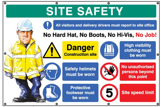 No Hat, No Boots, No Hi-Vis, No Job. 5MPH, Banner C/W Eyelets 2440x1270mm