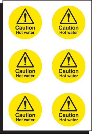 Caution Hot Water 65mm Dia - Sheet Of 6