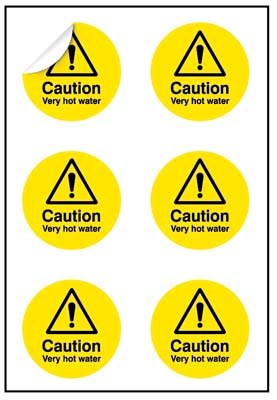 Caution Very Hot Water 65mm Dia - Sheet Of 6