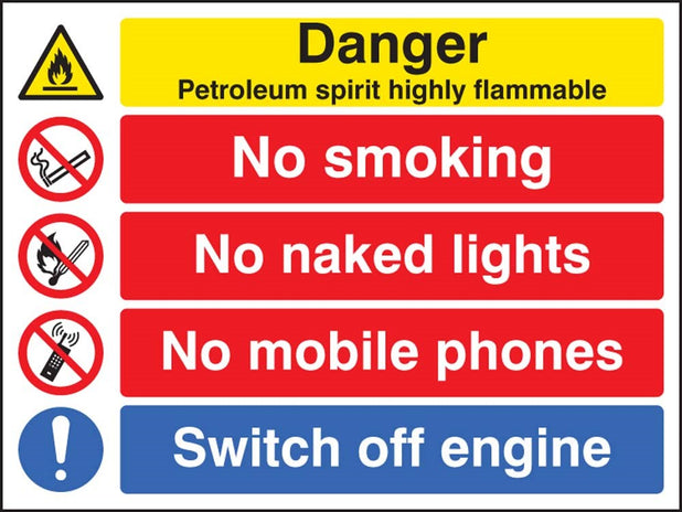 Petroleum Spirit Highly Flammable/No Smoking Etc