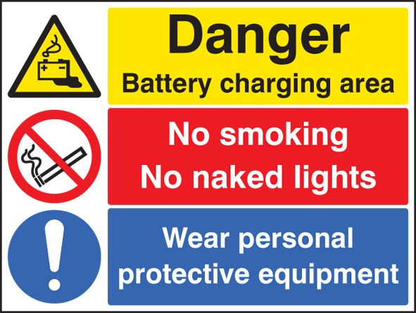 Battery Charging Area, Wear Ppe, No Smoking, No Naked Lights