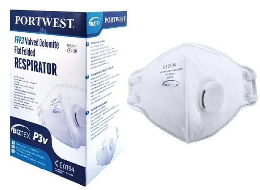 Portwest FFP3 Valved Dolomite Fold Flat Respirator Box Of 20